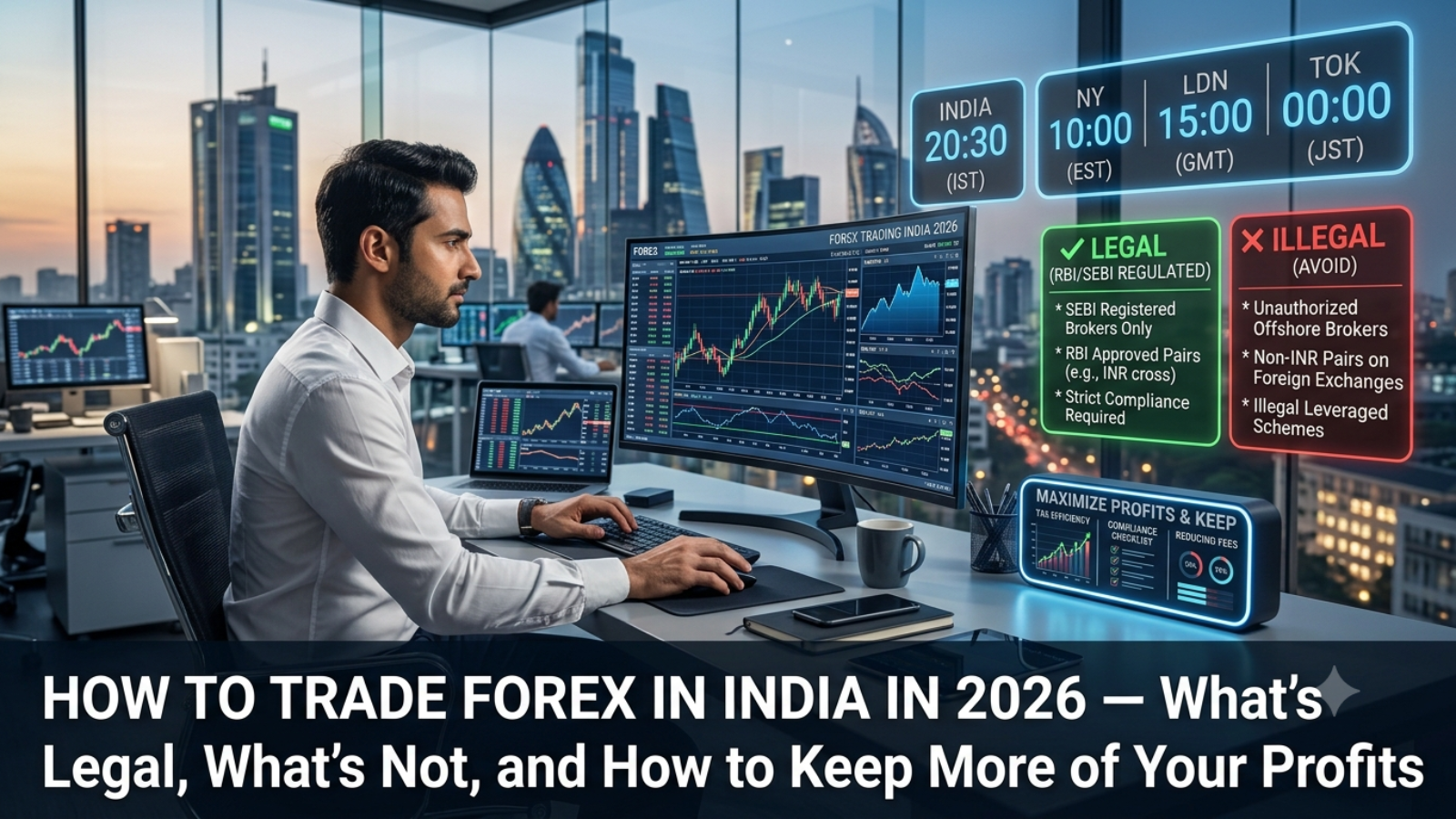 A professional forex trader analyzing charts and global market data for the Indian market in 2026. The scene includes real-time trading information, with specific indicators for legal and illegal trading practices, as well as strategies to maximize profits.