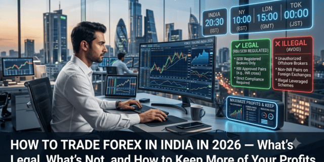 A professional forex trader analyzing charts and global market data for the Indian market in 2026. The scene includes real-time trading information, with specific indicators for legal and illegal trading practices, as well as strategies to maximize profits.