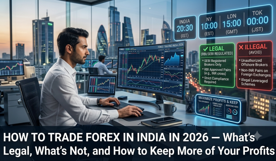 A professional forex trader analyzing charts and global market data for the Indian market in 2026. The scene includes real-time trading information, with specific indicators for legal and illegal trading practices, as well as strategies to maximize profits.