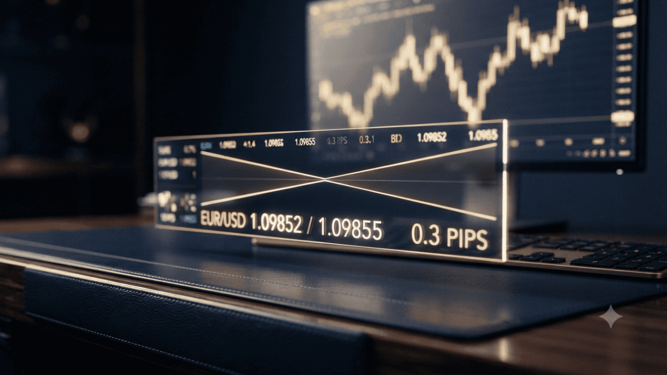 A glowing transparent holographic display shows a narrow EUR/USD bid-ask spread of 0.3 pips on a luxury navy blue leather desk, with a blurred financial candlestick chart on a monitor in the background.