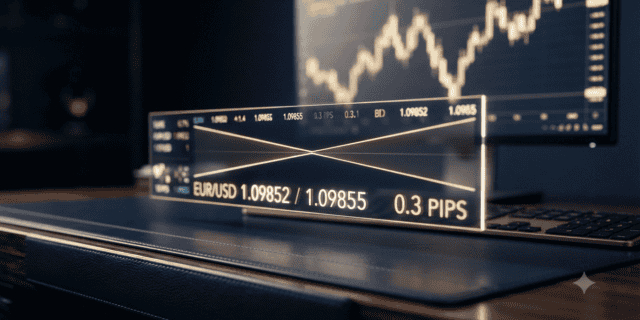 A glowing transparent holographic display shows a narrow EUR/USD bid-ask spread of 0.3 pips on a luxury navy blue leather desk, with a blurred financial candlestick chart on a monitor in the background.