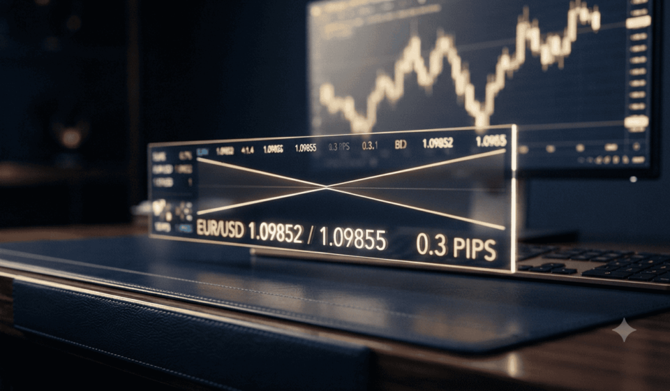 A glowing transparent holographic display shows a narrow EUR/USD bid-ask spread of 0.3 pips on a luxury navy blue leather desk, with a blurred financial candlestick chart on a monitor in the background.