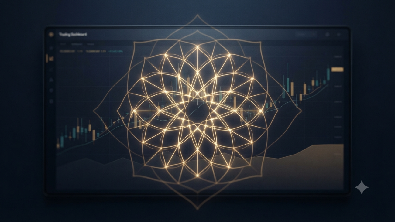 A premium digital trading dashboard in deep navy blue, featuring a glowing gold geometric arabesque pattern and a subtle candlestick financial chart, representing stability and trust.