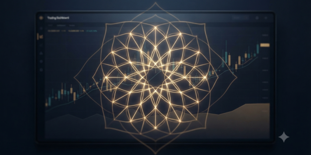 A premium digital trading dashboard in deep navy blue, featuring a glowing gold geometric arabesque pattern and a subtle candlestick financial chart, representing stability and trust.
