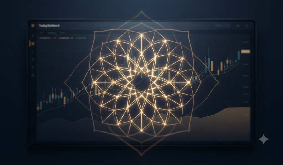 A premium digital trading dashboard in deep navy blue, featuring a glowing gold geometric arabesque pattern and a subtle candlestick financial chart, representing stability and trust.