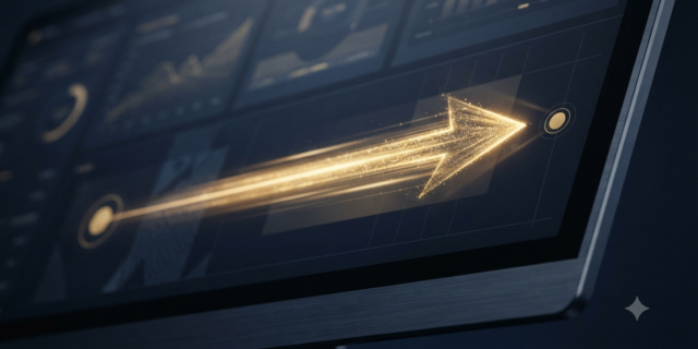 A glowing golden arrow symbol moving rapidly across a dark navy fintech dashboard, creating a light-trail effect that represents seamless and fast financial transfers.