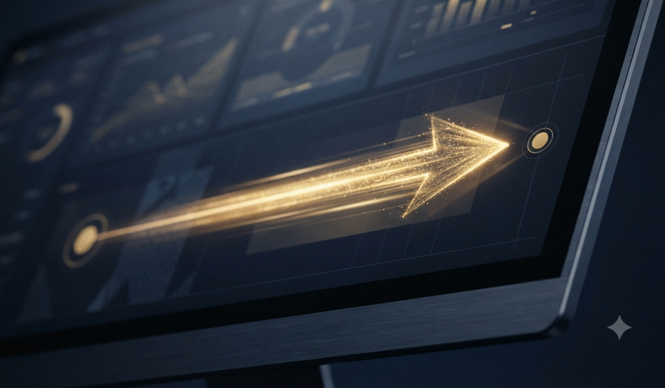 A glowing golden arrow symbol moving rapidly across a dark navy fintech dashboard, creating a light-trail effect that represents seamless and fast financial transfers.