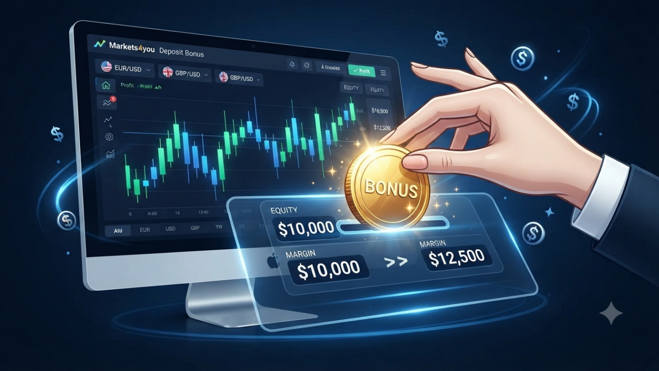Digital illustration of a hand inserting a glowing bonus coin into a trading platform dashboard with increasing equity metrics
