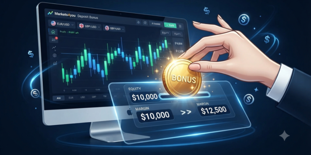 Digital illustration of a hand inserting a glowing bonus coin into a trading platform dashboard with increasing equity metrics