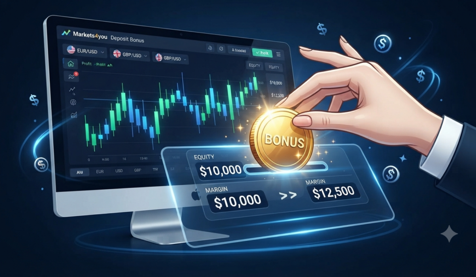 Digital illustration of a hand inserting a glowing bonus coin into a trading platform dashboard with increasing equity metrics