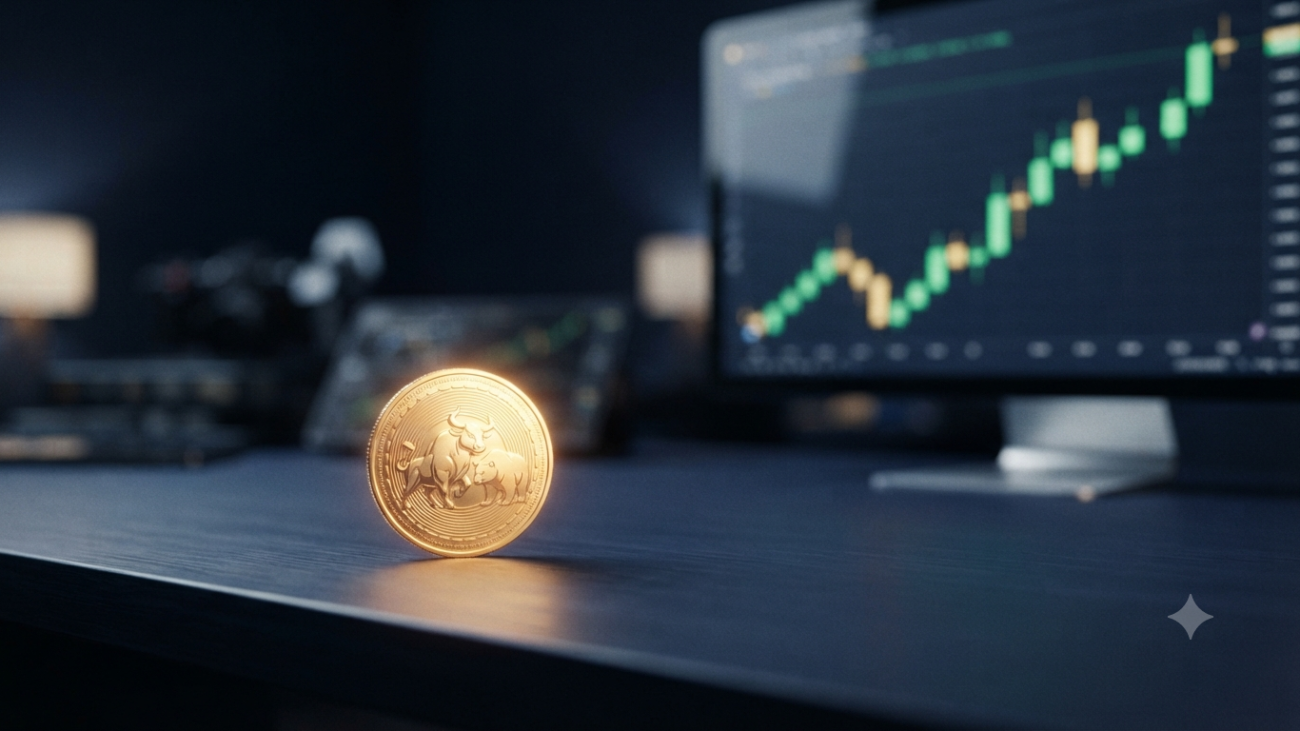 A single glowing gold coin placed on a professional dark navy trading desk, with a blurred rising candlestick chart in the background, symbolizing a smart and accessible start to trading.
