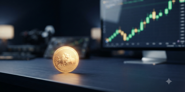 A single glowing gold coin placed on a professional dark navy trading desk, with a blurred rising candlestick chart in the background, symbolizing a smart and accessible start to trading.