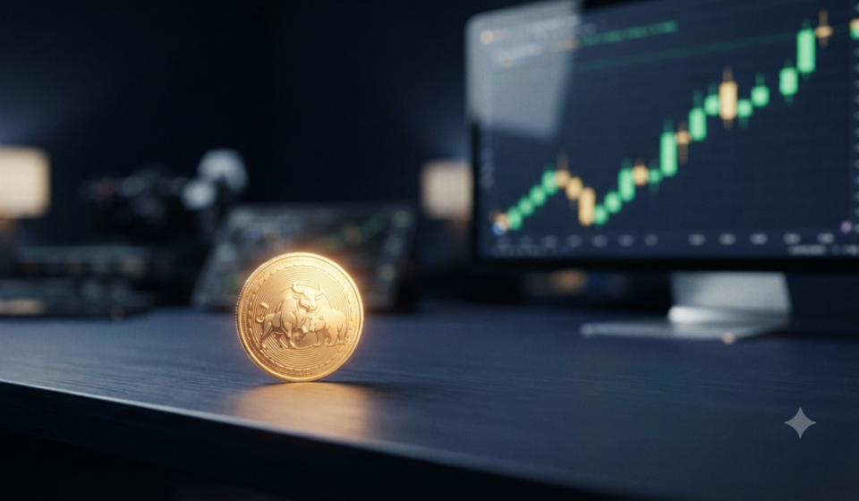 A single glowing gold coin placed on a professional dark navy trading desk, with a blurred rising candlestick chart in the background, symbolizing a smart and accessible start to trading.