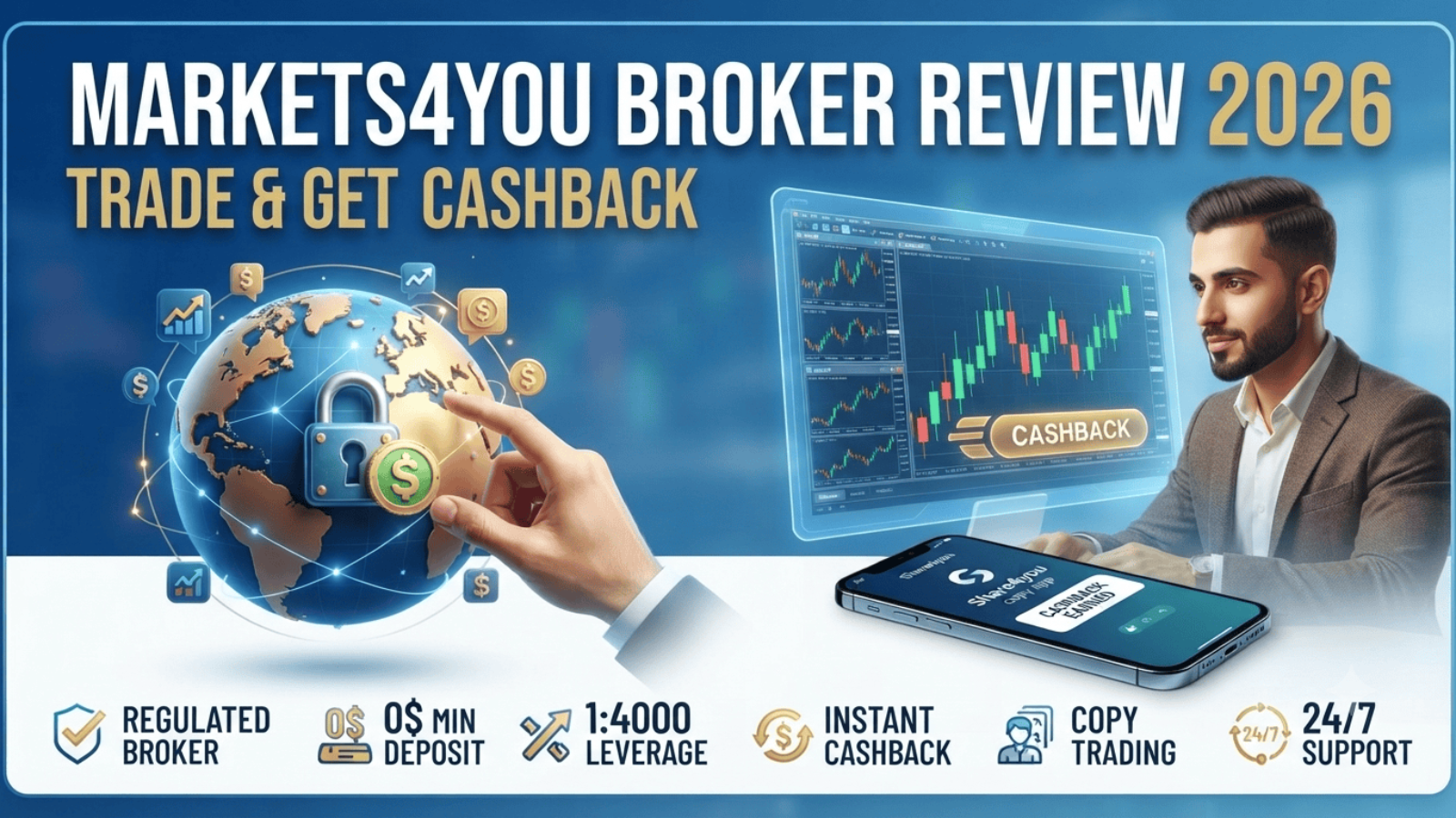 Markets4you broker review 2026 infographic showing 100% deposit bonus and trading features.