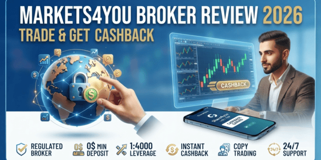 Markets4you broker review 2026 infographic showing 100% deposit bonus and trading features.
