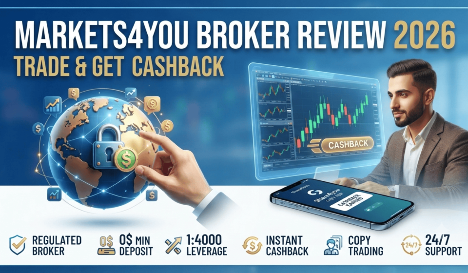 Markets4you broker review 2026 infographic showing 100% deposit bonus and trading features.