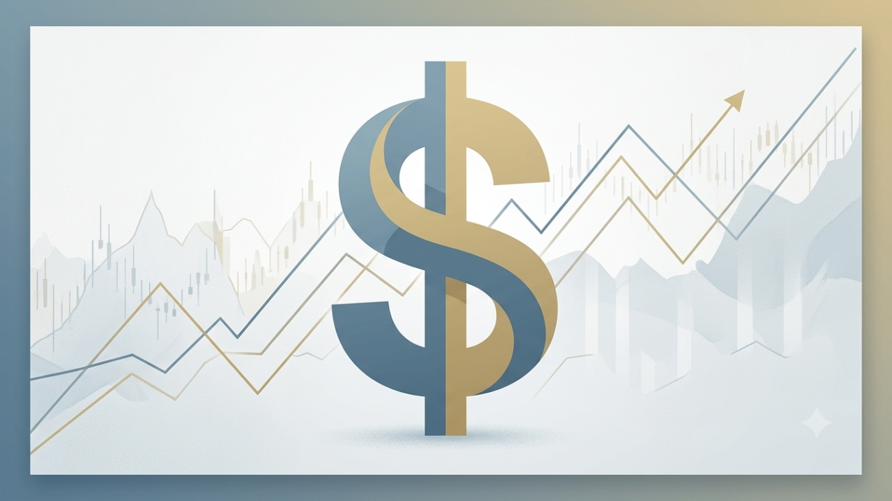 Professional editorial illustration of the US dollar symbol surrounded by subtle upward and downward financial line charts in a muted blue and gold color palette, representing forex market volatility in 2026.