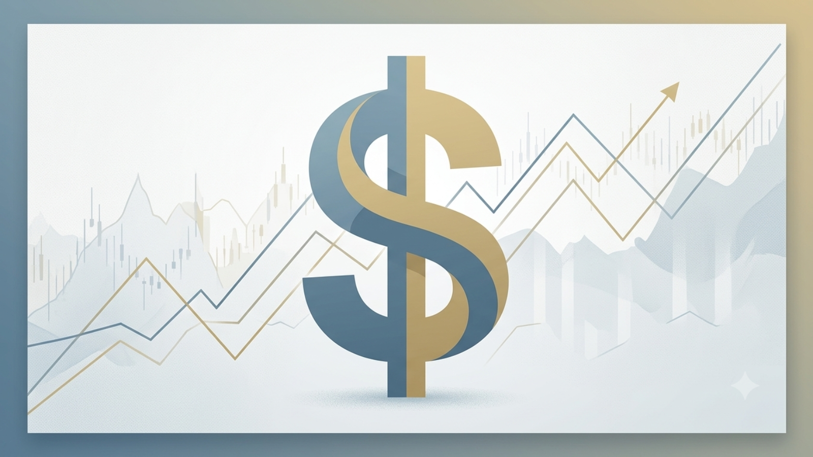 Professional editorial illustration of the US dollar symbol surrounded by subtle upward and downward financial line charts in a muted blue and gold color palette, representing forex market volatility in 2026.