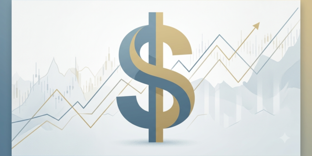 Professional editorial illustration of the US dollar symbol surrounded by subtle upward and downward financial line charts in a muted blue and gold color palette, representing forex market volatility in 2026.
