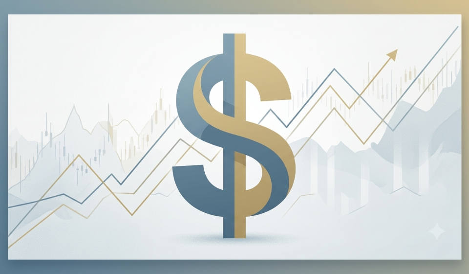 Professional editorial illustration of the US dollar symbol surrounded by subtle upward and downward financial line charts in a muted blue and gold color palette, representing forex market volatility in 2026.