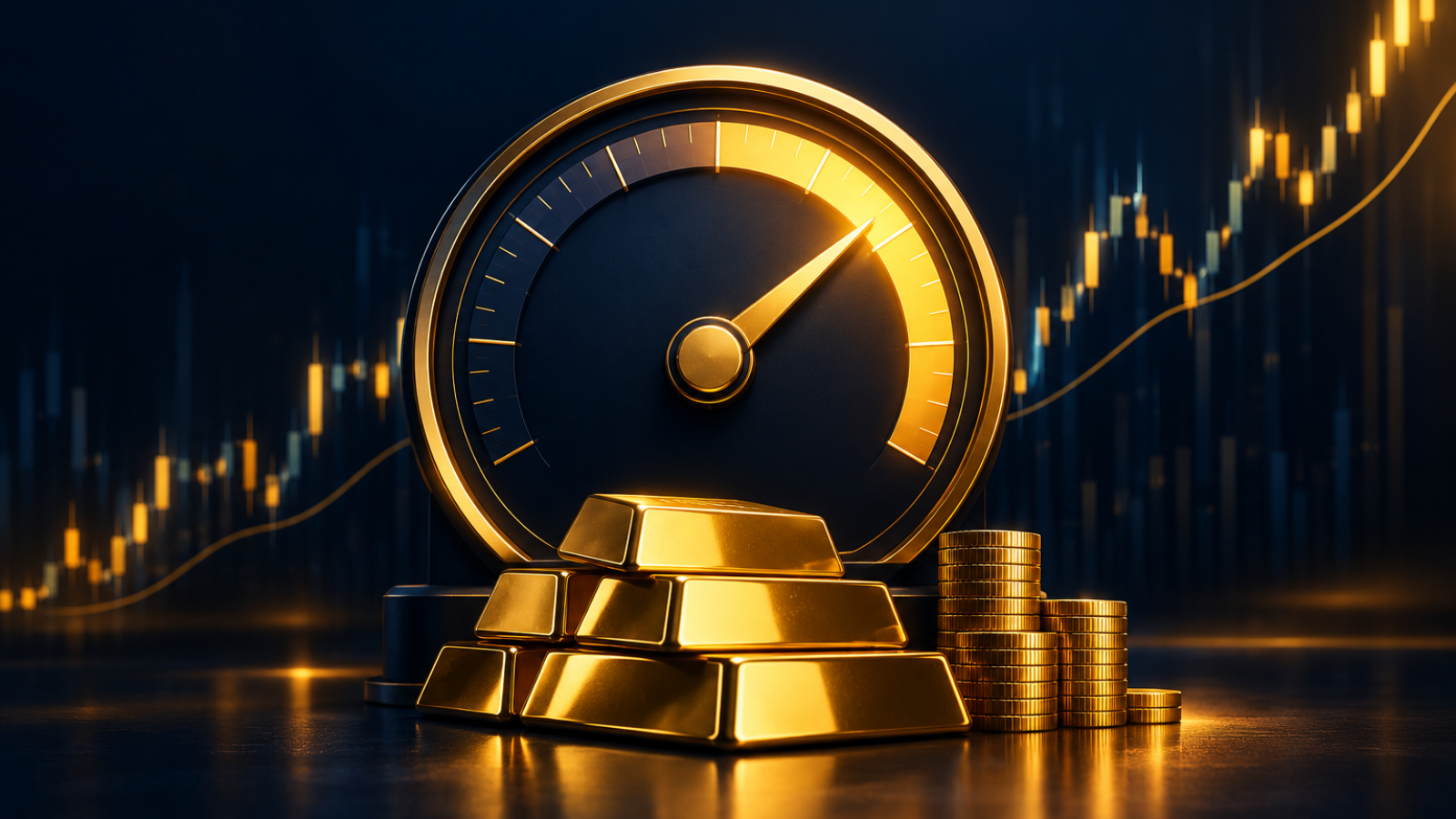 Gold leverage gauge with a high reading, gold bars and coins, and a rising candlestick chart on a dark navy financial background.
