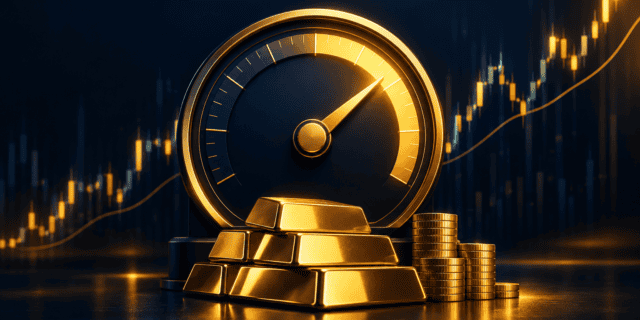 Gold leverage gauge with a high reading, gold bars and coins, and a rising candlestick chart on a dark navy financial background.