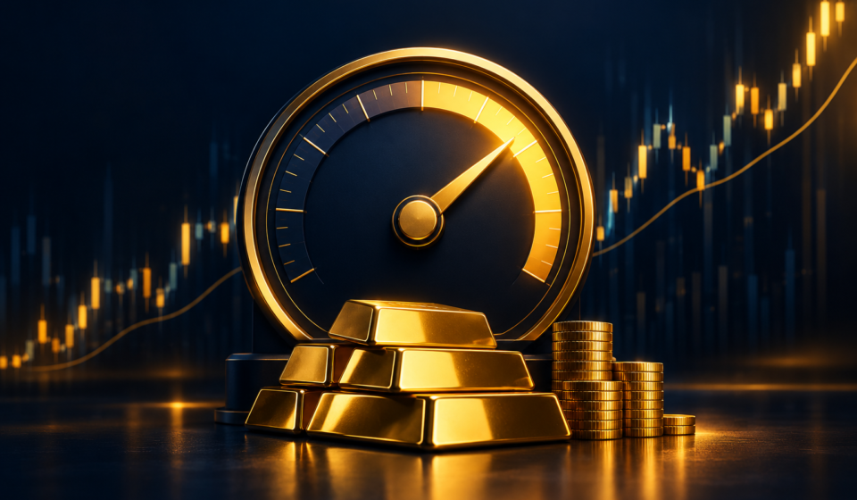 Gold leverage gauge with a high reading, gold bars and coins, and a rising candlestick chart on a dark navy financial background.