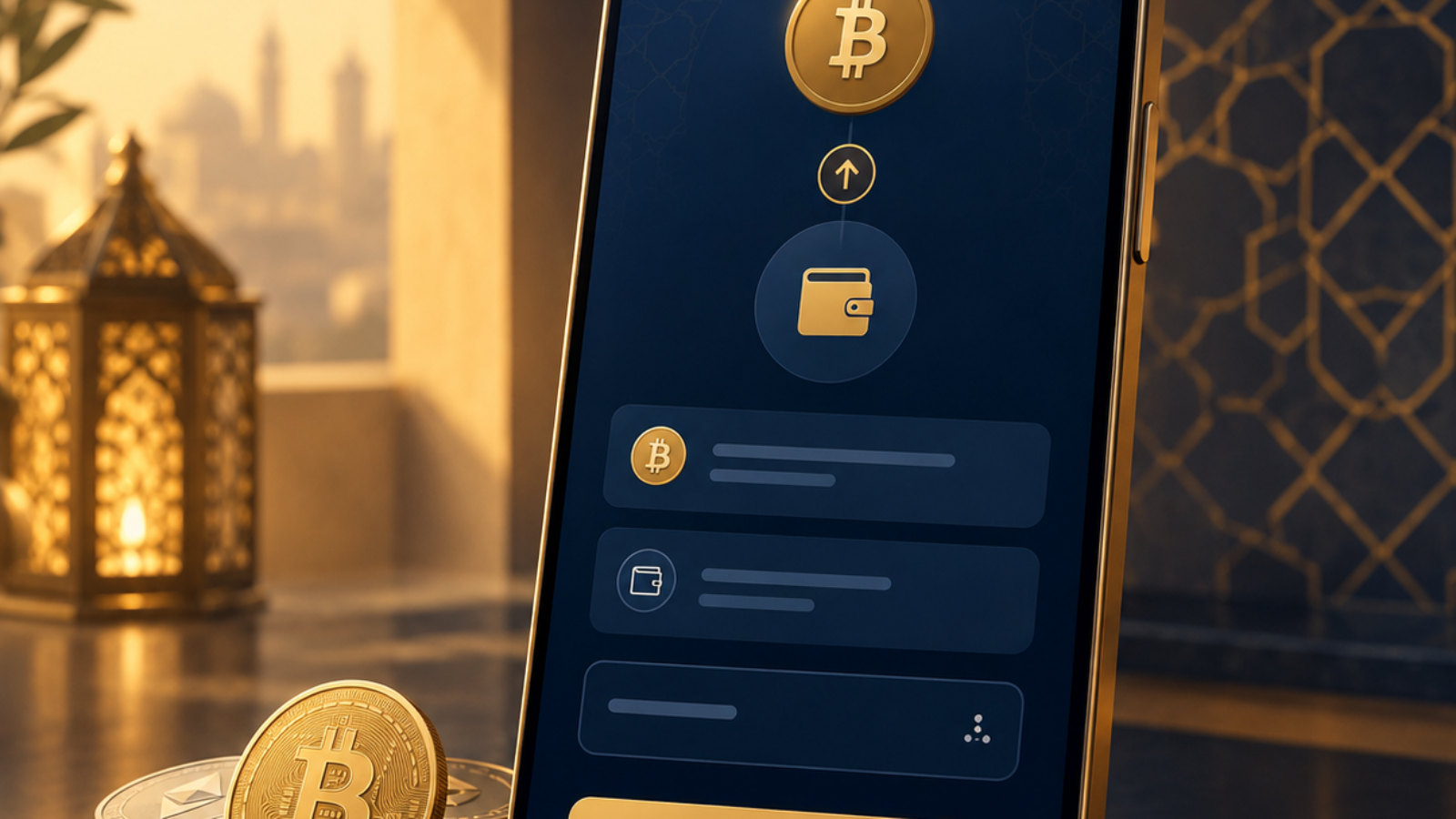 A gold-trimmed smartphone displaying a crypto wallet transfer interface in navy and gold, surrounded by cryptocurrency coins and Middle Eastern geometric patterns in a warm, luxurious setting.