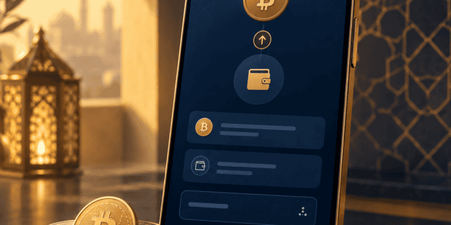 A gold-trimmed smartphone displaying a crypto wallet transfer interface in navy and gold, surrounded by cryptocurrency coins and Middle Eastern geometric patterns in a warm, luxurious setting.