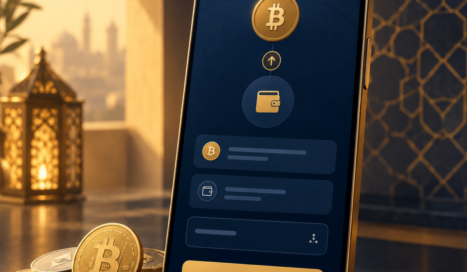 A gold-trimmed smartphone displaying a crypto wallet transfer interface in navy and gold, surrounded by cryptocurrency coins and Middle Eastern geometric patterns in a warm, luxurious setting.