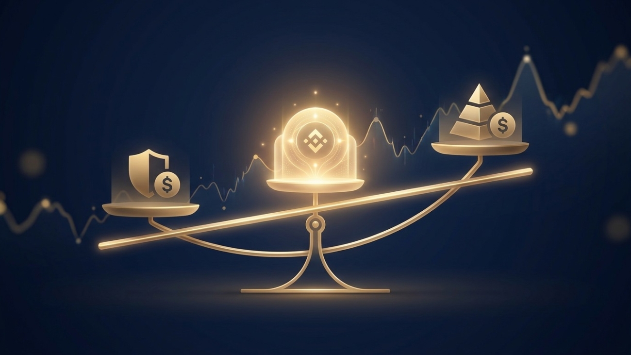 A clean editorial fintech graphic with a dark navy background showing a golden scale balancing three abstract account tiers, with soft golden light highlighting the middle tier and a subtle trading chart line in the background.