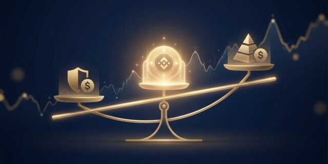 A clean editorial fintech graphic with a dark navy background showing a golden scale balancing three abstract account tiers, with soft golden light highlighting the middle tier and a subtle trading chart line in the background.