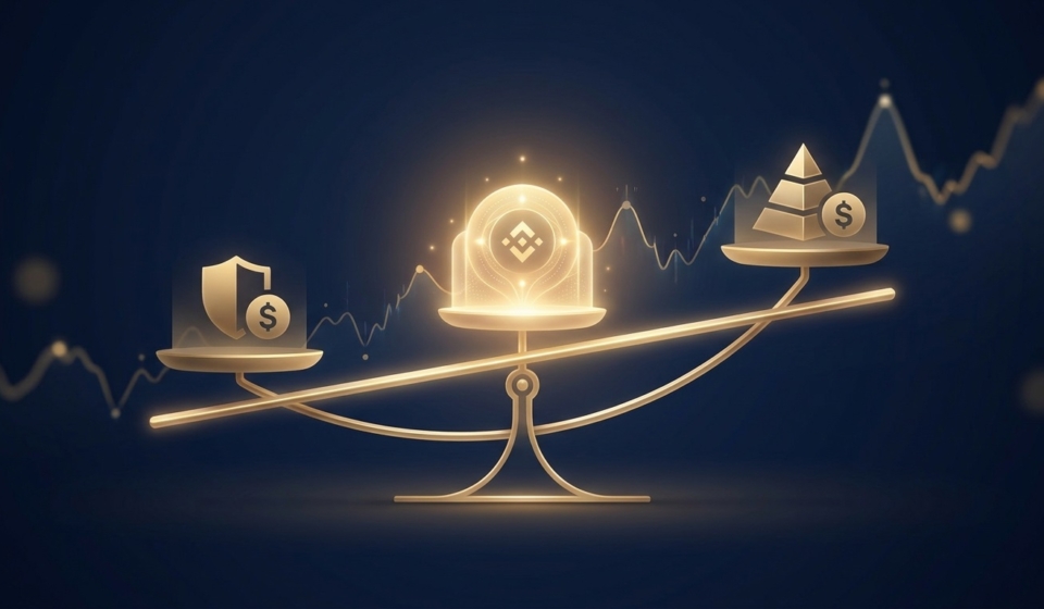A clean editorial fintech graphic with a dark navy background showing a golden scale balancing three abstract account tiers, with soft golden light highlighting the middle tier and a subtle trading chart line in the background.