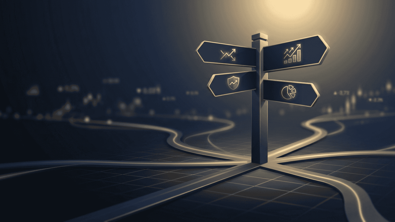 A minimal fintech editorial graphic showing a signpost with branching paths marked by abstract gold trading icons on a dark navy background.