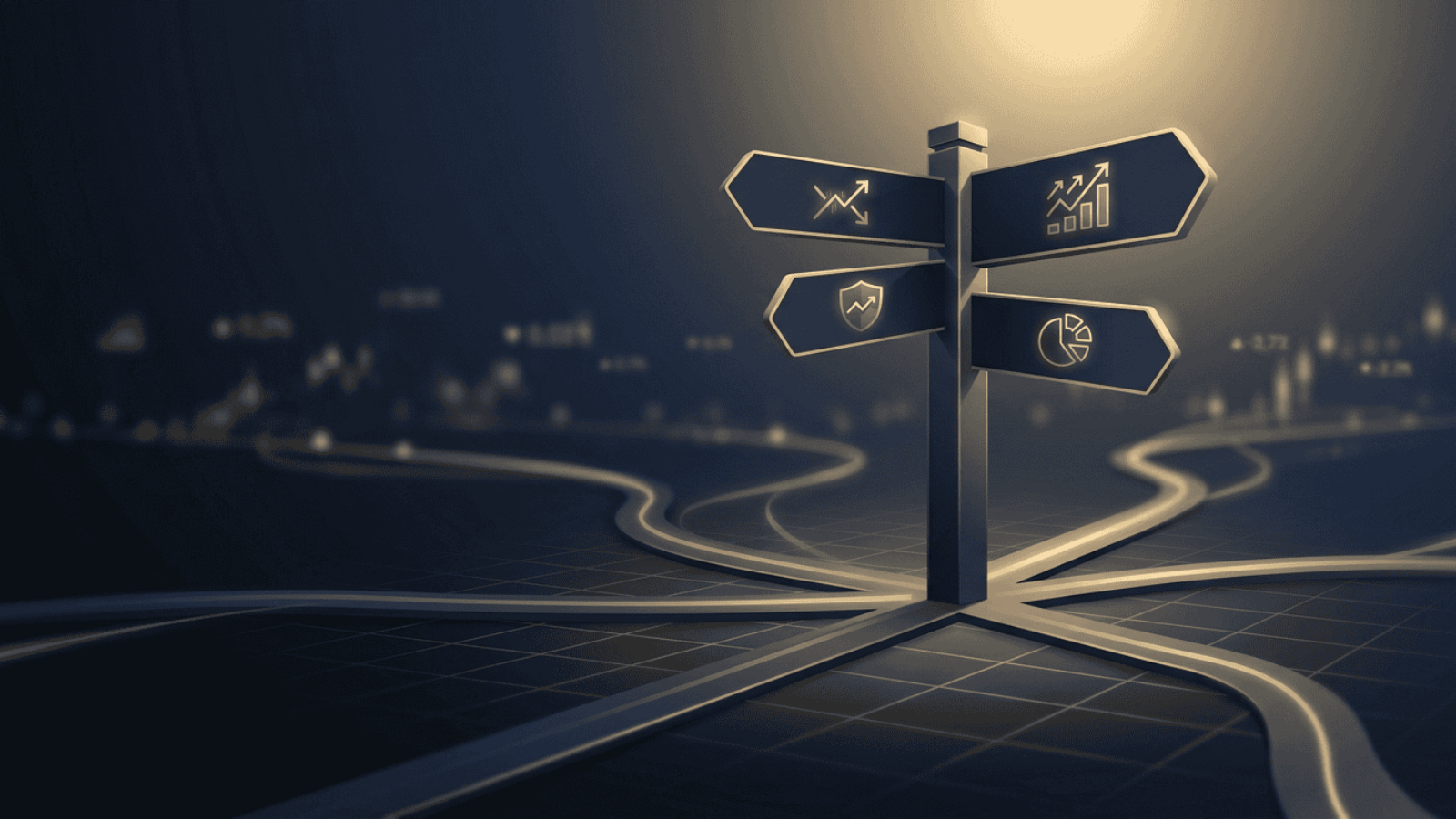 A minimal fintech editorial graphic showing a signpost with branching paths marked by abstract gold trading icons on a dark navy background.