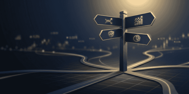 A minimal fintech editorial graphic showing a signpost with branching paths marked by abstract gold trading icons on a dark navy background.