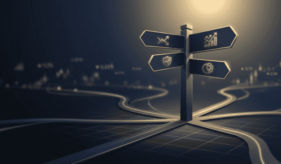 A minimal fintech editorial graphic showing a signpost with branching paths marked by abstract gold trading icons on a dark navy background.