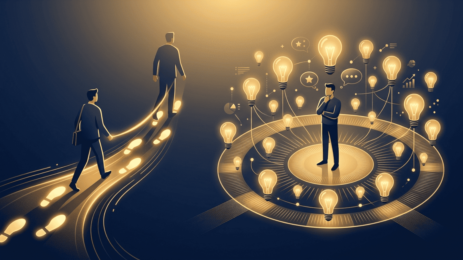 A minimal editorial fintech illustration contrasting copy trading, shown by a figure following glowing footsteps, with social trading, depicted by a figure surrounded by lightbulbs of shared ideas.