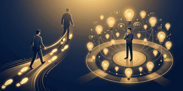 A minimal editorial fintech illustration contrasting copy trading, shown by a figure following glowing footsteps, with social trading, depicted by a figure surrounded by lightbulbs of shared ideas.